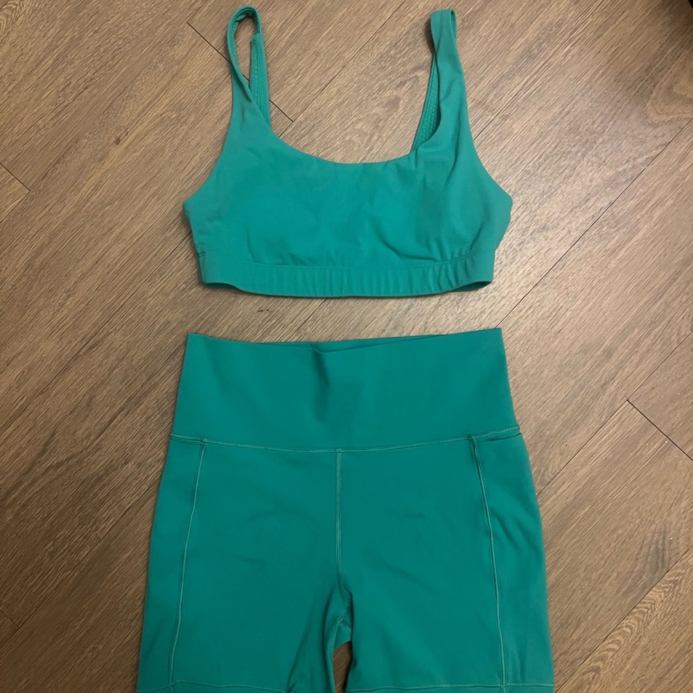 Vuori Green Bike Shorts and Sports Bra